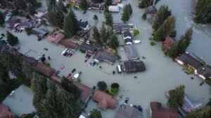 A drone image shows widespread flooding in the Mendenhall Valley on Tuesday morning. (Image courtesy of Rich Ross)