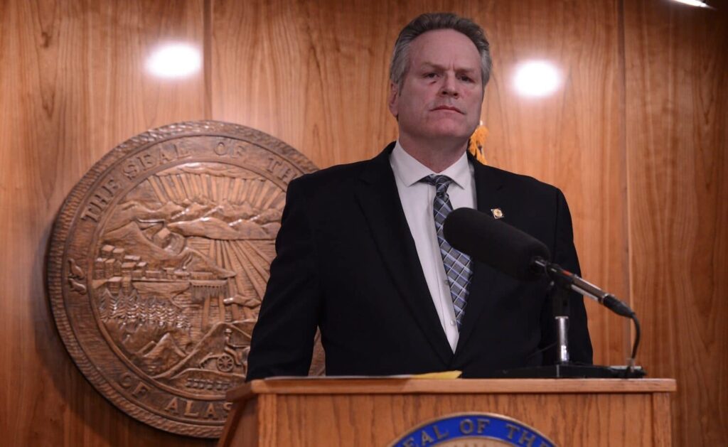 Alaska Gov. Mike Dunleavy speaks during a news conference on Friday, March 15, 2024. (Photo by James Brooks/Alaska Beacon)