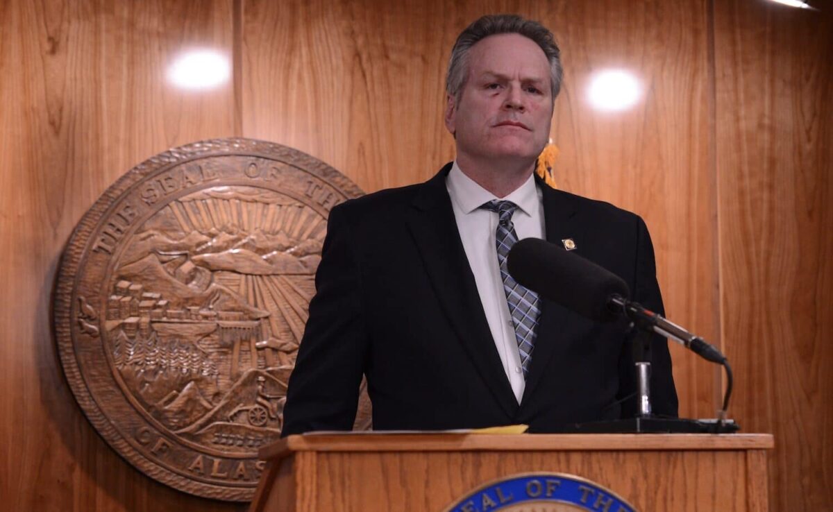 Alaska Gov. Mike Dunleavy speaks during a news conference on Friday, March 15, 2024. (Photo by James Brooks/Alaska Beacon)