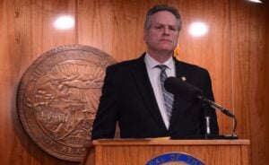 Alaska Gov. Mike Dunleavy speaks during a news conference on Friday, March 15, 2024. (Photo by James Brooks/Alaska Beacon)