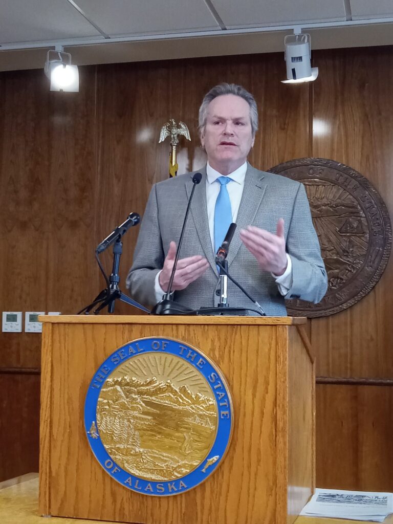 Governor Mike Dunleavy speaks during a press conference on Thursday, April 17 in Juneau. (Photo by Greg Knight/NOTN)