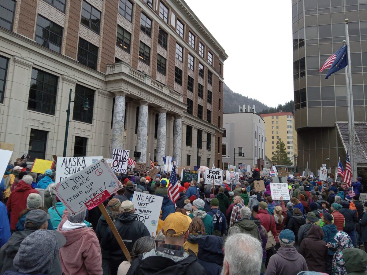 A throng of protesters gathered at the Alaska State Capitol on April 5, 2025 to speak out against the administration of President Donald Trump. (Photos by Greg Knight/News of the North)