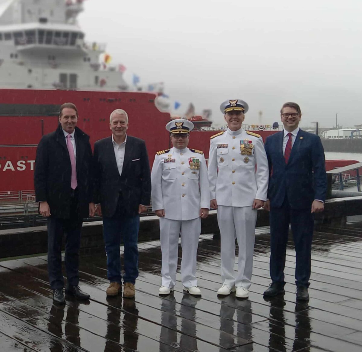 The official party of the commissioning of the icebreaker Storis (from left): Deputy Secretary of Homeland Security Troy Edgar, Sen. Dan Sullivan, Capt. Corey Kerns, Adm. Kevin Lunday, and Rep. Nick Begich. (Photo by Greg Knight)