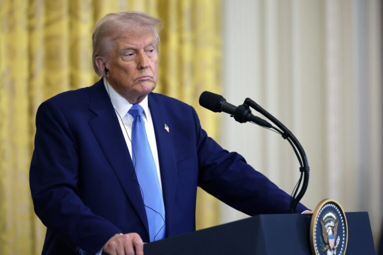 President Donald Trump delivers remarks during a joint press conference with French President Emmanuel Macron in the East Room at the White House on Feb. 24, 2025, in Washington, D.C. (Photo by Chip Somodevilla/Getty Images)
